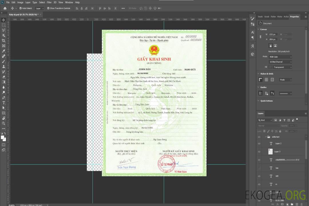 Modèle de certificat de naissance au Vietnam au format PSD template